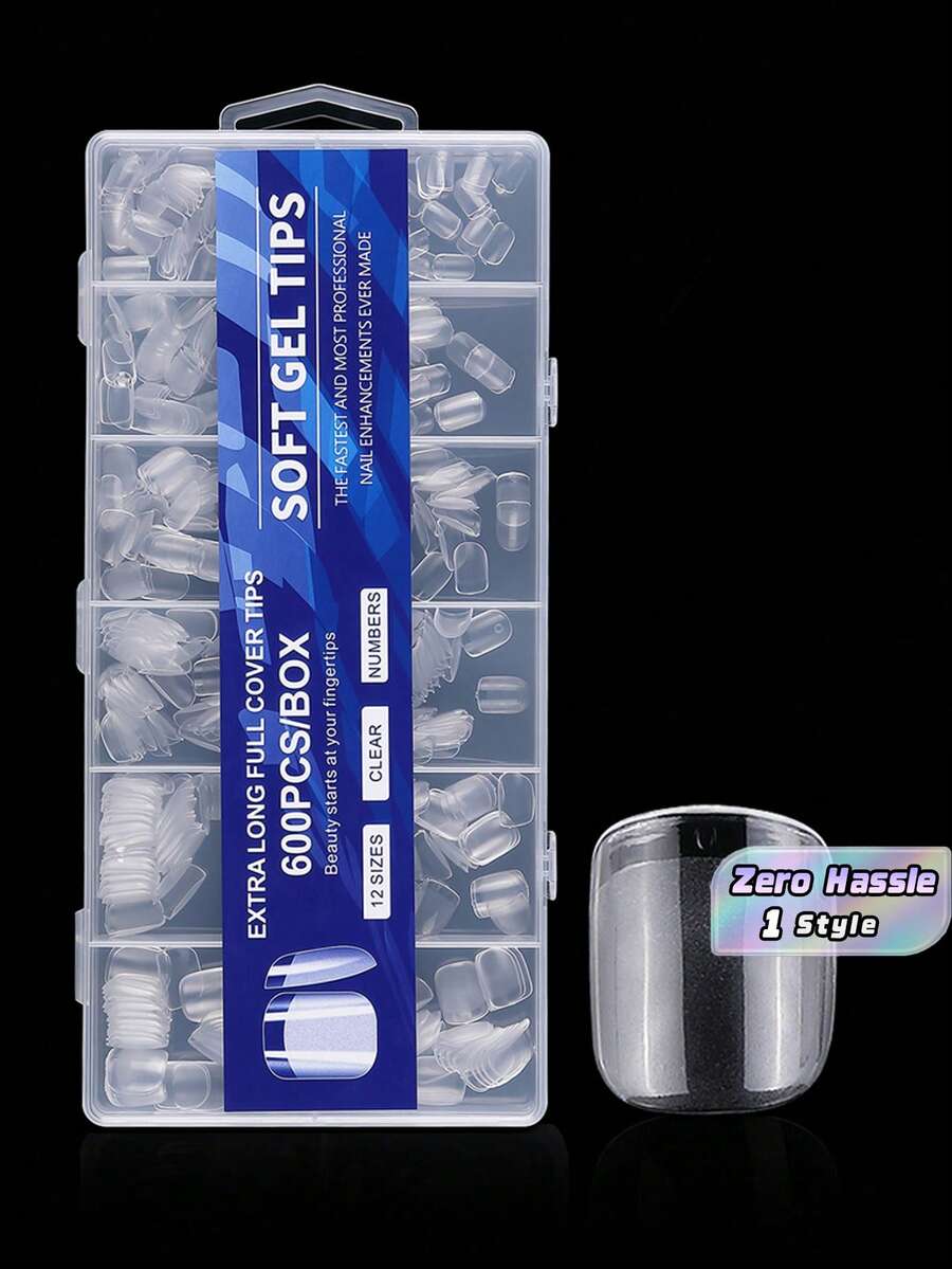 600Pcs Short Square Soft Gel Nail Tips Transparent Semi-Matte Full Cover Acrylic Pre-Shaped False Nails Extension DIY Manicure Supplies - Clear - View 1