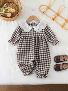 SHEIN Vintaside Kids 女嬰格紋領長袖可愛連身衣 春秋款摩卡色格紋套裝 幼童復古風附蝴蝶結棕色套裝 - 彩色 - 查看 7