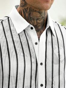 VENTUSAIL 男士針織網格條紋撞色休閒度假短袖襯衫與純色鬆緊腰短褲套裝，度假風 - 白色 - 查看 6