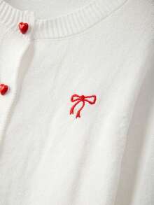 GlowEve CURVE Plus Size Casual Round Neck Contrast Color Heart Button Embroidery Bow Long Sleeve Cardigan - White - View 4