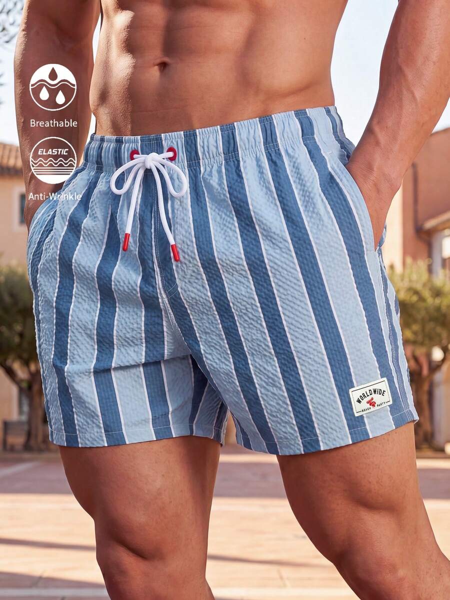 Manfinity KASUA Shorts de playa a rayas de colores contrastantes para hombres, vacaciones - Celeste - Ver 1