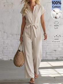 EMERY ROSE Jumpsuit Kasual Wanita Warna Polos dengan Resleting Depan dan Tali Pinggang - Khaki - View 10