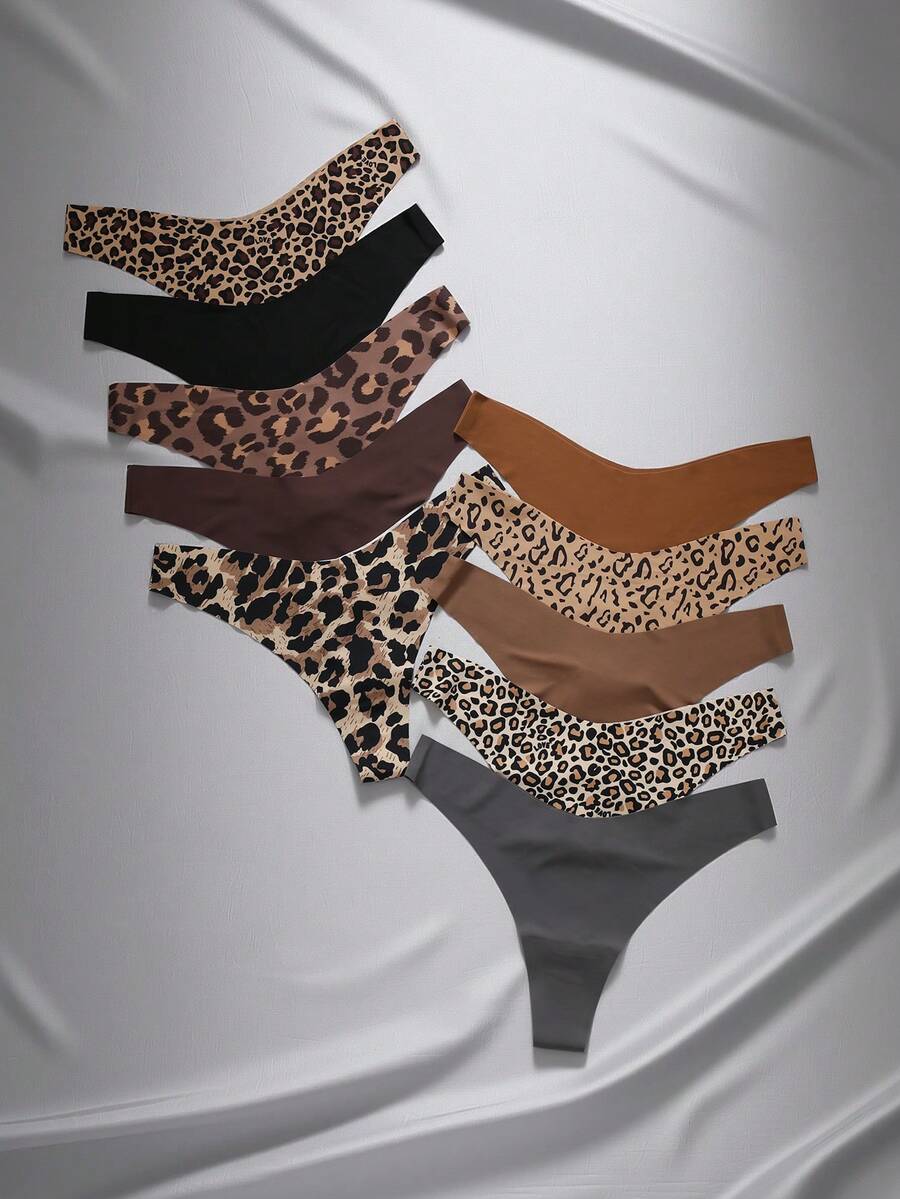 EmpressEnvy 10 piezas Ropa interior con estampado de leopardo transpirable, cómoda y sin costuras, de tiro bajo, para dama - Multicolor - Ver 1