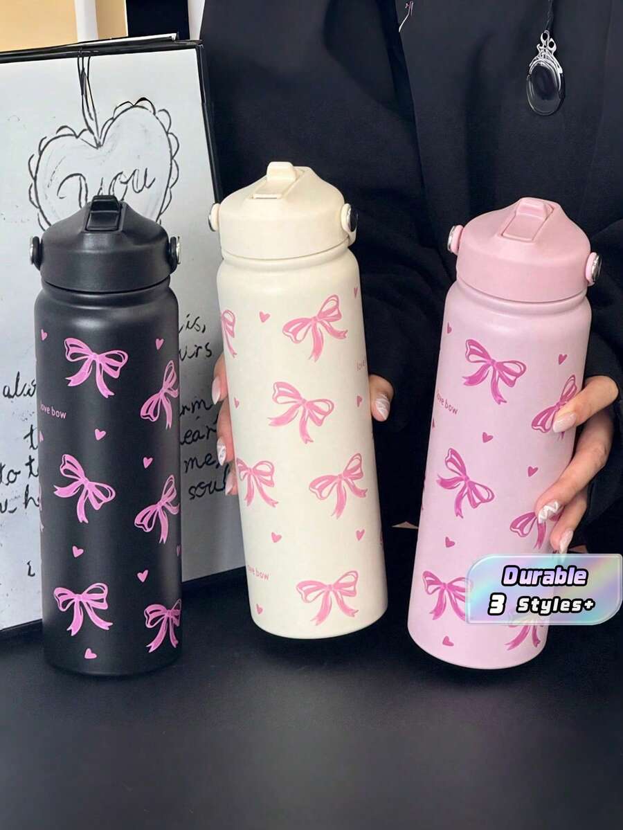 1pc 800ml Large Stainless Steel Insulated Travel Mug With Bow Print - Reusable, Durable Coffee Cup With Portable Handle & Foldable Straw - Perfect For Valentine's Day, Christmas, Graduation, Back To School, Gifts, Daily Use, Office & Outdoor Sports