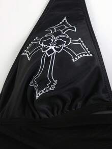ROMWE Goth 女士休闲度假沙滩派对优雅露背印花比基尼两件式泳衣，哥特风比基尼，哥特风泳装，女士哥特风泳衣，哥特风运动泳衣，瑜伽上衣，Y2K泳装，Y2K露脐上衣，拉链泳衣，哥特风上衣，哥特风泳装，哥特风比基尼套装，哥特风泳装 - 黑色 - 查看 7