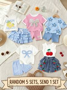 SHEIN 女童 2 件套夏季女童服裝驚喜盒 [隨機 5 套，發送 1 套] 可愛甜美套裝，優雅小女孩 2 件套褲裝，兒童時尚套裝，幼兒服裝，春/夏服裝套裝，時尚女孩套裝，新風格，春季氛圍，休閒外出穿搭 - 彩色 - 查看 3