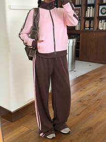 Muchica Women's Light Pink Brown Striped Jacket And Trousers Preppy Casual Style Tracksuit Travel Autumn - Multicolor - View 6