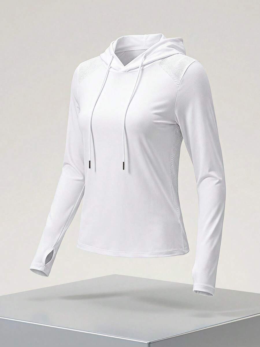 SHEIN Cheerettes 纯色连帽套头衫白色长袖休闲运动卫衣,春秋季 - 白色 - 查看 1