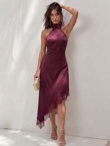 Glamine Women's Elegant Halter Neck Dress, Bold Backless Design With Large Bow, Satin Material, Lace Asymmetric Hem, Halter Neck Dress, Satin Lace Dress, Spring Cocktail Dress, Party Dress, Spring Wedding Guest Dress, Beach Evening Gown, Vacation Dress, Date Night Outfit, Vacation Style - Burgundy - View 6