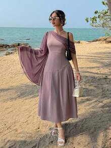 DAZY Women's Elegant Contrast Color Patchwork Bell Sleeve Mid-Length Dress,Formal Women Dresses - Mauve Mist - View 1