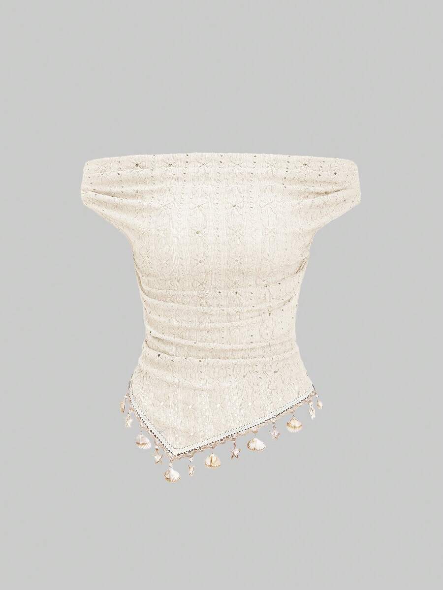 Sweetra Spring/Summer New Women's Design High Street Elegant Layered Vintage Texture Tassel Premium Minimalist Slim Fit Flattering Asymmetrical Brown Tube Top T-Shirt - Apricot - View 1
