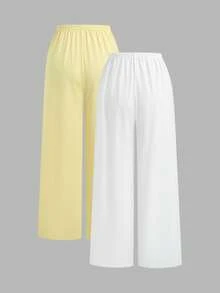 SHEIN Unity Women's New Fashion Versatile Low Waist Straight Leg Wide Leg Pants Long Pants Light Yellow + White 2 Pieces Set - Multicolor - View 2