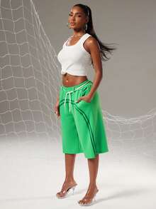 NYA SZN Short Elastic Wasitband Knee Length Asymmetrical Baggy Loose Oversized Athletic Sporty Gym Striped Green Outfits For Women - Green - View 4