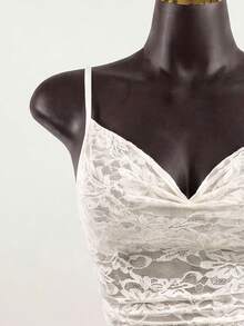 SaltGleam SaltGleam Spring Summer New White Floral Lace Ruffle Neckline Camisole Bodysuit Spaghetti Strap Top French Minimalist Romantic Sexy Night Out Going Out Party - Apricot - View 6