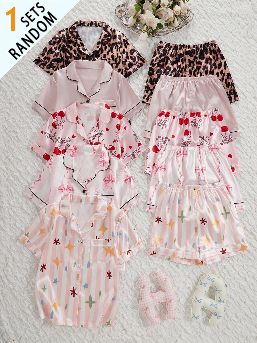 1 Set Acak Dari 5 Set Piyama Anak Perempuan, Kotak Buta Gaya Pita Bergaris, Gaya Bintang Bergaris, Gaya Motif Leopard, Gaya Cherry, Gaya Bordir Saku Warna Polos, Set Pakaian Santai Nyaman dengan Kardigan Lengan Pendek dan Celana Pendek, Musim Panas