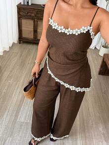 Weeklong Plus Size Camisole Top With Patchwork Lace Trim Asymmetrical Hem + Elastic Waist Wide Leg Straight Pants Contrast Lace Trim Elegant Streetwear Summer - Coffee Brown - View 8