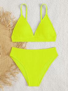 SHEIN Conjunto de traje de baño verde neón para vacaciones en la playa para niña preadolescente - Amarillo - Ver 6