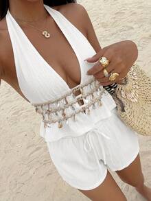 Sunnyshic White Textured Crinkled Fabric Shell Tassel Trim Deep V Halter Tie Backless Top Shorts 2 Pieces Set, Women's Summer Beach Vacation Stroll Tropical Boho - White - View 4