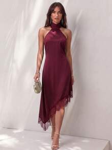 Glamine Women's Elegant Halter Neck Dress, Bold Backless Design With Large Bow, Satin Material, Lace Asymmetric Hem, Halter Neck Dress, Satin Lace Dress, Spring Cocktail Dress, Party Dress, Spring Wedding Guest Dress, Beach Evening Gown, Vacation Dress, Date Night Outfit, Vacation Style - Burgundy - View 4