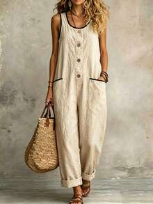 Zayélia Mono sin mangas con ribete de bloques de color, casual para vacaciones, nuevo para primavera/verano para mujer - Albaricoque - Ver 1