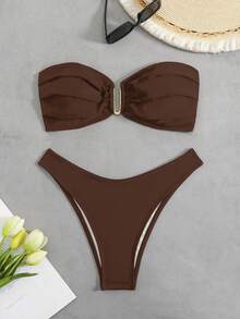 Swim Mod Traje de baño de unicolor, de moda, apropiado para el verano - Café integral - Ver 3