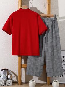 SHEIN 2件組兒童青少年男童休閒都市學院風短袖POLO衫與彈性腰格紋長褲套裝，適合兒童、男童返校、生日派對、聚會、表演、婚禮、洗禮、日常穿著、學校、旅行、運動，春夏季適用 - 紅色 - 查看 2