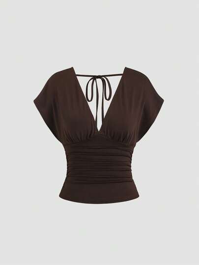 Sweetra Women's New Fashion Sexy Versatile Knit V-Neck T-Shirt, Waist Drawstring, Shoulder Sleeve Design Night Out Party All Shades Of Brown Summer