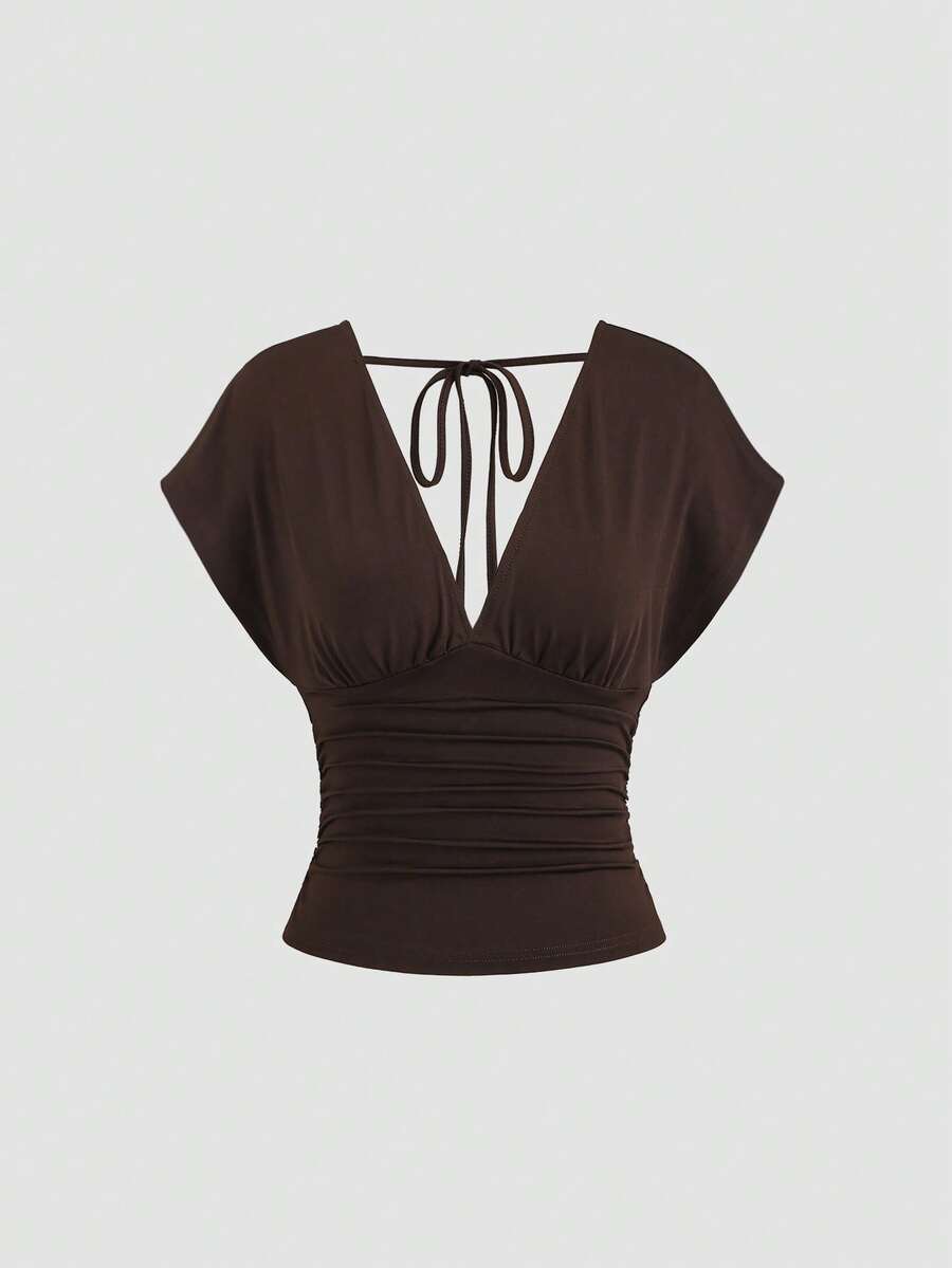 Sweetra Women's New Fashion Versatile Knit V-Neck T-Shirt, Waist Drawstring, Front & Back V-Neck, Shoulder Sleeve Design - Brown - View 1