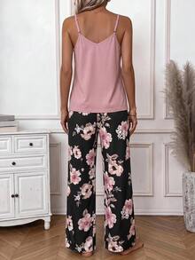 EMERY ROSE Women's Solid Color Camisole Top And Floral Print Long Pants Casual 2-Piece Set - White - View 2
