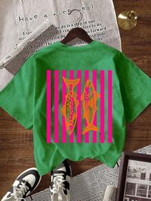 EMERY ROSE Women's Striped Fish Print Round Neck Short Sleeve Casual T-Shirt - Dark Green - View 5