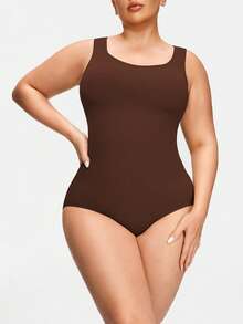 SHAPORA Plus Size Women's Solid Color Casual Tank Top Bodysuit - Coffee Brown - View 3