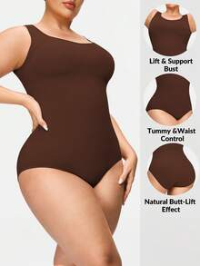 SHAPORA Plus Size Women's Solid Color Casual Tank Top Bodysuit - Coffee Brown - View 8