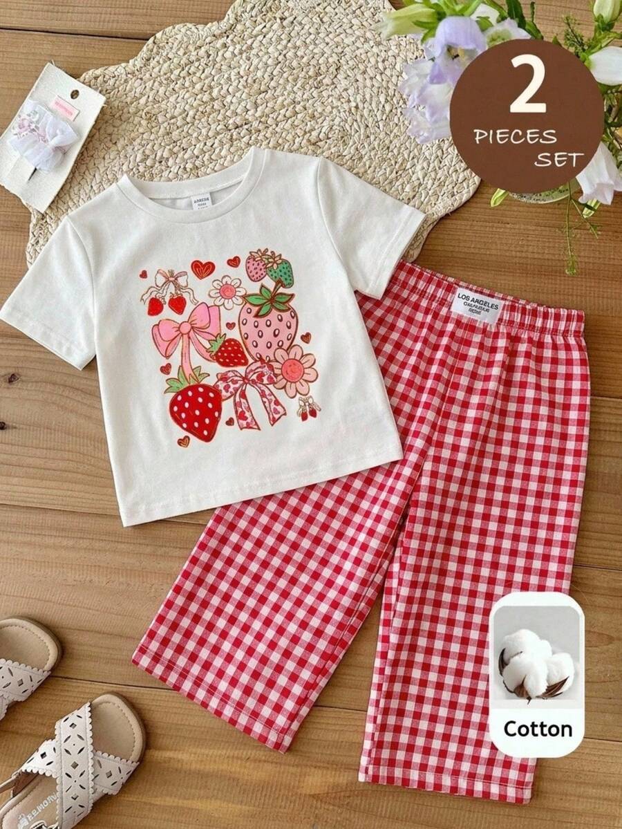 SHEIN LMoss Kids 女嬰針織素色圓領短袖上衣與格紋寬腿長褲兩件套 - 彩色 - 查看 1