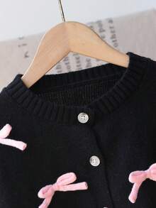 SHEIN Playful Pals 女童秋冬時尚手工蝴蝶結針織長袖開襟毛衣外套 - 黑色 - 查看 6