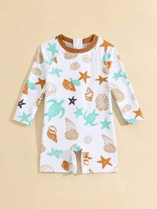SHEIN 婴儿拉链泳衣，海洋生物鲨鱼印花。夏季海滩度假必备时尚单品。长袖设计，蓝色撞色，可爱的鲨鱼和海洋生物卡通图案。生动活泼。适合可爱的男宝宝在海滩玩耍时穿着。 - 彩色 - 查看 5