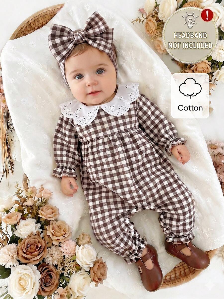 SHEIN Vintaside Kids 女嬰格紋領長袖可愛連身衣 春秋款摩卡色格紋套裝 幼童復古風附蝴蝶結棕色套裝