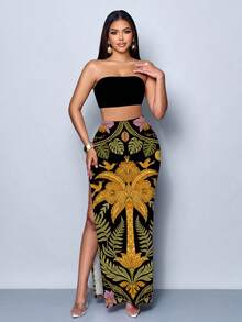SOLERSUN Women's Solid Color Bandeau Top Plant Print Slit Design Skirt Casual Sexy Tropical Daily Set Beach Vacation Black Green Summer - Multicolor - View 3