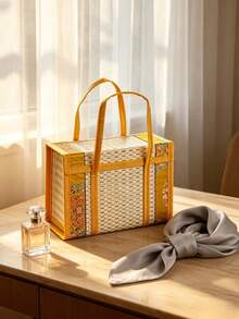 1Pc Foldable Camp Storage Basket Woven From Bamboo, Batik Cloth Covered, Picnic Basket, Rural Style. - yellow and white - View 6