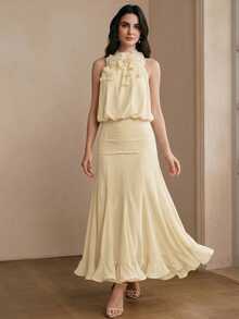 Anewsta Spring/Summer New Holiday Party Sleeveless Detachable Floral Decor Cinched Waist Ruffle Hem Romantic Elegant Maxi Dress For Women - Apricot - View 4