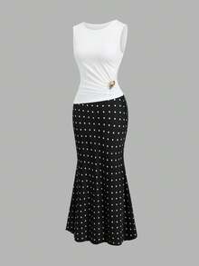 Sweetra Damen Metall-Dekor Weste und Polka-Dot-Muster Meerjungfrau-Rock Elegantes Set - Schwarz und Weiss - Übersicht 4