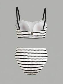 SHEIN Teen Girl Beach Vacation Striped Fashion Swimsuit Set - Black and White - View 6