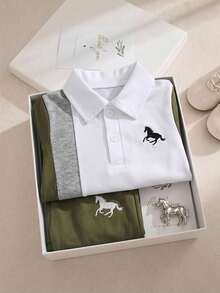 SHEIN 2 Packs Toddler Boys' Contrast Color Block Short Sleeve Polo Shirt And Pants Set, Sophisticated Outfit With Refined Printed Pattern - Green - View 4