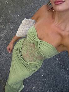 Glamine Vestido largo sexy para mujer de chica atractiva, verde, de punto, con torsión frontal, busto moldeador, cintura con empalme, bajo con volantes de encaje, adecuado para playa, Día de San Valentín, fiesta, ceremonia de graduación, evento de moda, carnaval, vacaciones, invitada de boda, cita, fiesta, concierto - Verde - Ver 2