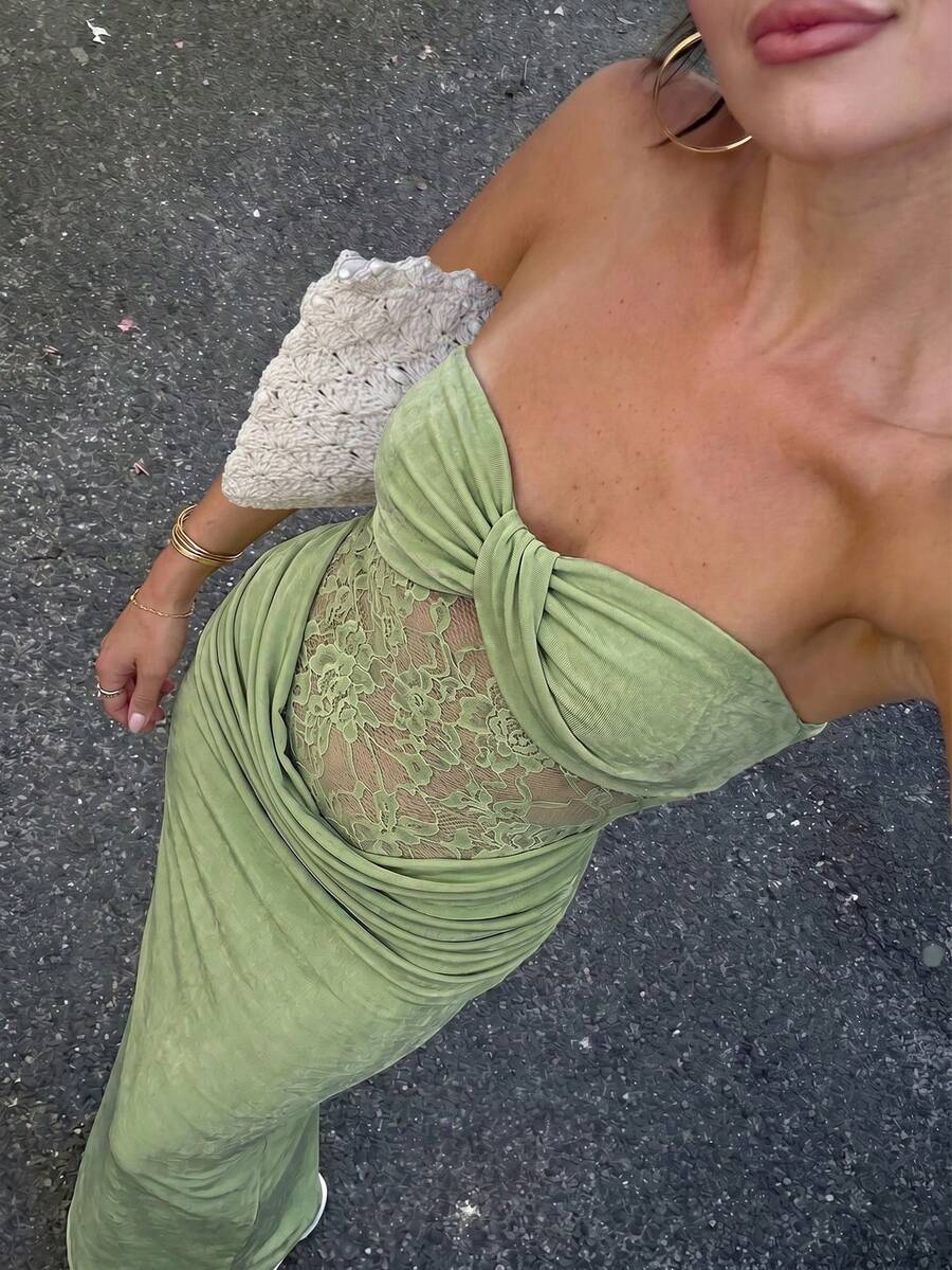 Glamine Vestido largo sexy para mujer de chica atractiva, verde, de punto, con torsión frontal, busto moldeador, cintura con empalme, bajo con volantes de encaje, adecuado para playa, Día de San Valentín, fiesta, ceremonia de graduación, evento de moda, carnaval, vacaciones, invitada de boda, cita, fiesta, concierto