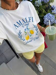 整套穿搭展現獨特色塊美學，胸前檸檬圖案印花為純色T恤注入靈魂，條紋短褲剪裁俐落，與上衣形成視覺呼應，保留青春甜美感並增添時尚層次感，適合夏季穿著 - 彩色 - 查看 4