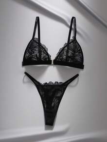 EmpressEnvy Set Lingerie Seksi 2 Potong dengan Penutup Depan dan Motif Renda untuk Wanita - Hitam - View 1