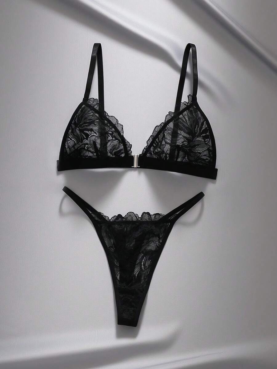 EmpressEnvy Set Lingerie Seksi 2 Potong dengan Penutup Depan dan Motif Renda untuk Wanita - Hitam - View 1