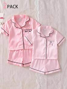 SHEIN 2pcs/Set Baby Girl Home Pajamas With Exquisite Embroidered Pattern, Matching Satin Trim - Pink - View 4