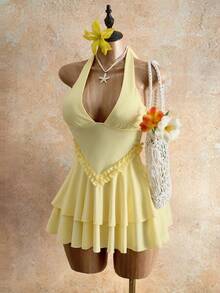 Mistrie Women's Summer Vacation Halter Neck Dress With Ruffle Hem - Yellow - View 7