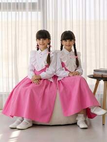 Tween Girl Back To School Dress KIDS Tween Girls Pink Dress, Essential For School Season, Casual Preppy Style, Long Sleeve, Color Block, Exaggerated Ruffle Hem, Soft And Vintage Feel; Double-Breasted Button Decor On Chest, Neat And Exquisite Pink - Pink - View 7